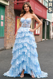 Blue A Line Strapless Sparkly Sequin Corset Tiered Long Prom Dress with Slit