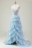 Sparkly Blue A Line Sweetheart Tiered Corset Long Prom Dress With Sequins