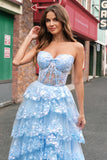 Blue A Line Strapless Sparkly Sequin Corset Tiered Long Prom Dress with Slit