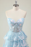 Sparkly Blue A Line Sweetheart Tiered Corset Long Prom Dress With Sequins