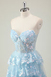 Sparkly Blue A Line Sweetheart Tiered Corset Long Prom Dress With Sequins