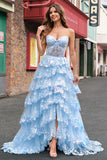 Blue A Line Strapless Sparkly Sequin Corset Tiered Long Prom Dress with Slit