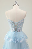 Sparkly Blue A Line Sweetheart Tiered Corset Long Prom Dress With Sequins