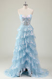 Blue A Line Strapless Sparkly Sequin Corset Tiered Long Prom Dress with Slit