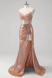 Rose Golden Mermaid Strapless Ruched Corset Beaded Prom Dress With Sequins Slit