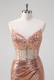 Rose Golden Mermaid Strapless Ruched Corset Beaded Prom Dress With Sequins Slit