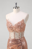 Rose Golden Mermaid Strapless Ruched Corset Beaded Prom Dress With Sequins Slit