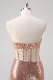 Rose Golden Mermaid Strapless Ruched Corset Beaded Prom Dress With Sequins Slit