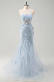 Blue Mermaid Spaghetti Straps Corset Long Prom Dress With Appliques