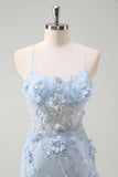 Blue Mermaid Spaghetti Straps Corset Long Prom Dress With Appliques