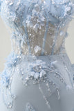 Blue Mermaid Spaghetti Straps Corset Long Prom Dress With Appliques