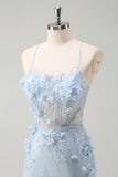 Blue Mermaid Spaghetti Straps Corset Long Prom Dress With Appliques