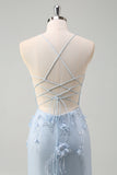 Blue Mermaid Spaghetti Straps Corset Long Prom Dress With Appliques