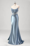 Sparkly Grey Blue Mermaid Strapless Corset Beaded Long Prom Dress with Slit