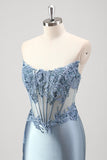 Sparkly Grey Blue Mermaid Strapless Corset Beaded Long Prom Dress with Slit