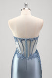 Sparkly Grey Blue Mermaid Strapless Corset Beaded Long Prom Dress with Slit