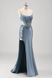 Sparkly Grey Blue Mermaid Strapless Corset Beaded Long Prom Dress with Slit