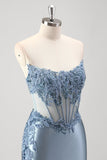 Sparkly Grey Blue Mermaid Strapless Corset Beaded Long Prom Dress with Slit