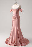 Sparkly Blush Mermaid Cold Shoulder Pleated Long Prom Dress With Sequins