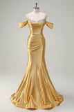 Sparkly Golden Mermaid Cold Shoulder Pleated Long Prom Dress With Sequins