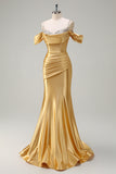 Sparkly Golden Mermaid Cold Shoulder Pleated Long Prom Dress With Sequins