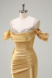 Sparkly Golden Mermaid Cold Shoulder Pleated Long Prom Dress With Sequins