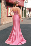 Sparkly Coral Mermaid V Neck Corset Sequins Long Prom Dress With Slit