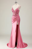 Sparkly Coral Mermaid V Neck Corset Sequins Long Prom Dress With Slit