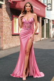 Sparkly Coral Mermaid Spaghetti Straps Satin Sequin Corset Long Prom Dress with Slit