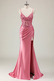 Sparkly Coral Mermaid Spaghetti Straps Satin Sequin Corset Long Prom Dress with Slit