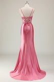 Sparkly Coral Mermaid Spaghetti Straps Satin Sequin Corset Long Prom Dress with Slit