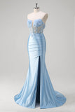 Blue Mermaid Strapless Corset Cut Out Long Floral Prom Dress With Slit