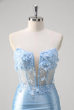 Blue Mermaid Strapless Corset Cut Out Long Floral Prom Dress With Slit