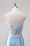 Blue Mermaid Strapless Corset Cut Out Long Floral Prom Dress With Slit