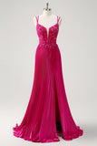 Fuchsia Mermaid Spaghetti Straps Corset Long Prom Dress With Slit