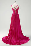 Fuchsia Mermaid Spaghetti Straps Corset Long Prom Dress With Slit