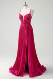 Fuchsia Mermaid Spaghetti Straps Corset Long Prom Dress With Slit