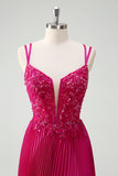 Fuchsia Mermaid Spaghetti Straps Corset Long Prom Dress With Slit