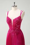 Fuchsia Mermaid Spaghetti Straps Corset Long Prom Dress With Slit