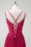 Fuchsia Mermaid Spaghetti Straps Corset Long Prom Dress With Slit