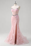 Sparkly Pink Mermaid Ruched Sequin Floral Corset Long Prom Dress with Slit