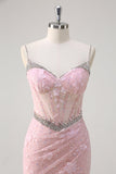 Sparkly Pink Mermaid Ruched Sequin Floral Corset Long Prom Dress with Slit