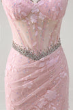 Sparkly Pink Mermaid Ruched Sequin Floral Corset Long Prom Dress with Slit