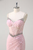 Sparkly Pink Mermaid Ruched Sequin Floral Corset Long Prom Dress with Slit