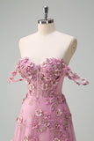 Taro A Line Off The Shoulder Corset 3D Flower Beaded Long Prom Dress With Slit