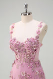 Taro A Line Spaghetti Straps Corset 3D Flower Beaded Long Prom Dress With Slit