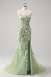 Sparkly Green Mermaid Halter Corset Sequin Embroidered Long Prom Dress With Slit