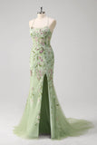 Sparkly Green Mermaid Halter Corset Sequin Embroidered Long Prom Dress With Slit