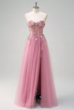 Taro A Line Sweetheart Corset 3D Flowers Beaded Prom Dress With Slit