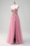 Taro A Line Sweetheart Corset 3D Flowers Beaded Prom Dress With Slit